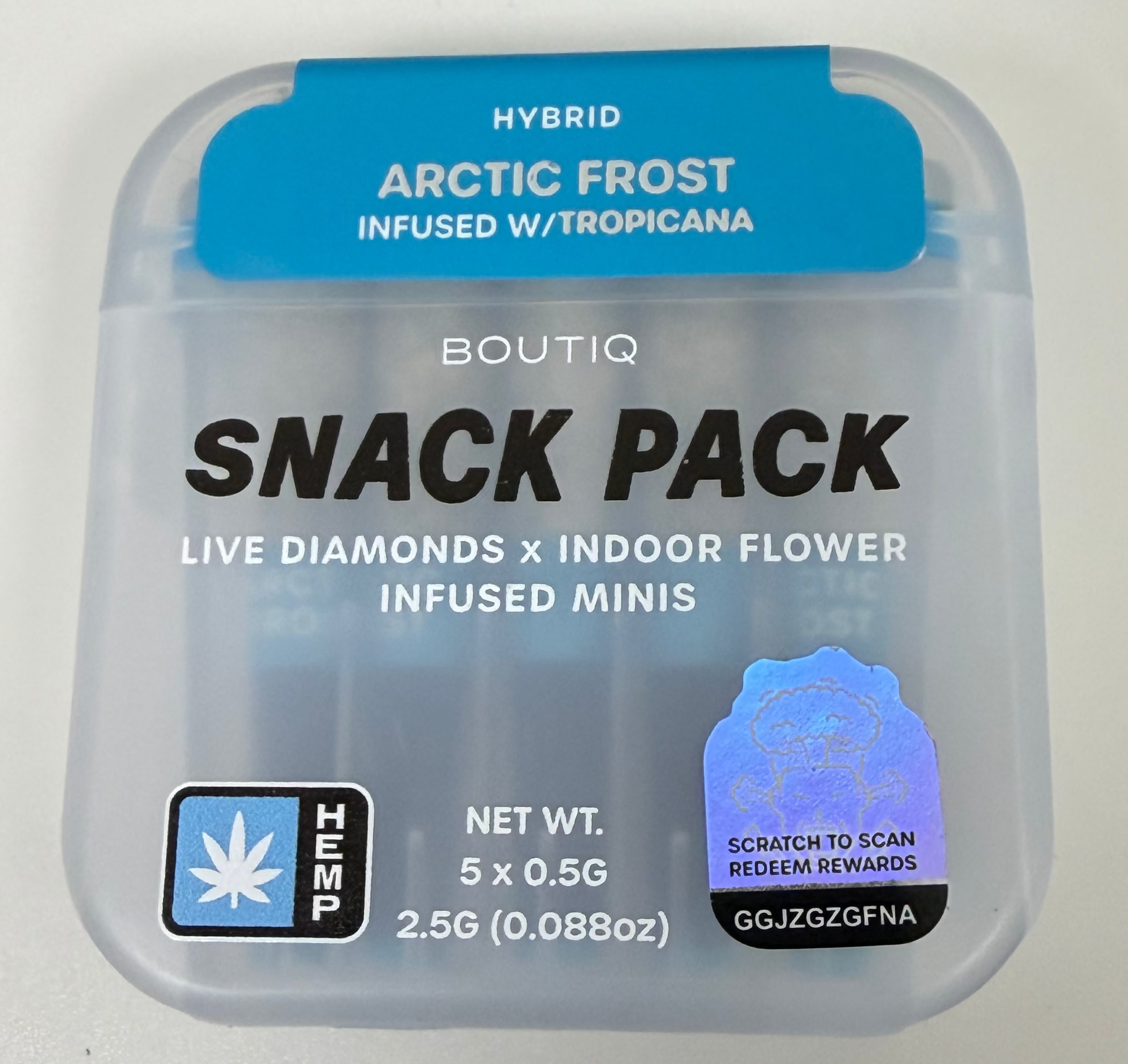 Boutiq - Snack Pack Live Diamonds x Indoor Flower Infused Minis - Arctic Frost Infused w/ Tropicana - Hybrid - 2.5G - 0.5G Per Pre-Roll