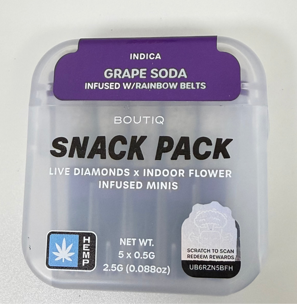 Boutiq - Snack Pack Live Diamonds x Indoor Flower Infused Minis - Grape Soda Infused w/ Rainbow Belts - Indica - 2.5G - 0.5G Per Pre-Roll