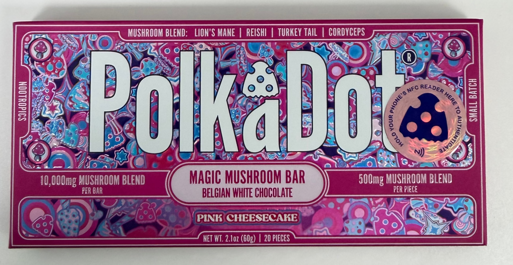 PolkaDot - Magic Mushroom Bar - Belgian White Chocolate -Pink Cheesecake -  10,000 MG - 500 MG Per Piece