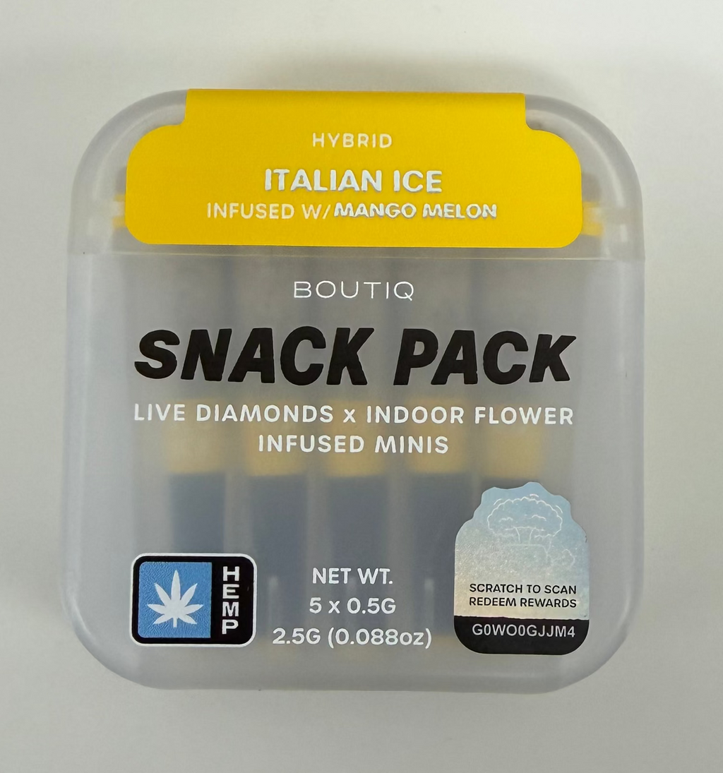 Boutiq - Snack Pack Live Diamonds x Indoor Flower Infused Minis - Italian Ice Infused w/ Mango Melon - Hybrid - 2.5G - 0.5G Per Pre-Roll